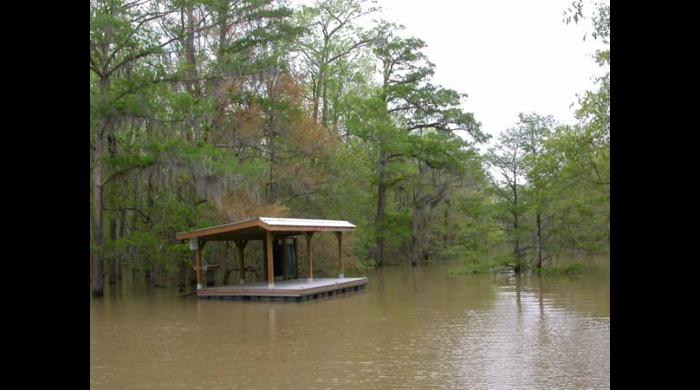 The Jug Lake floating platform can be reserved for camping.