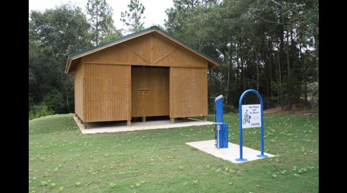 Dressing rooms and bike repair station at the East Trailhead.