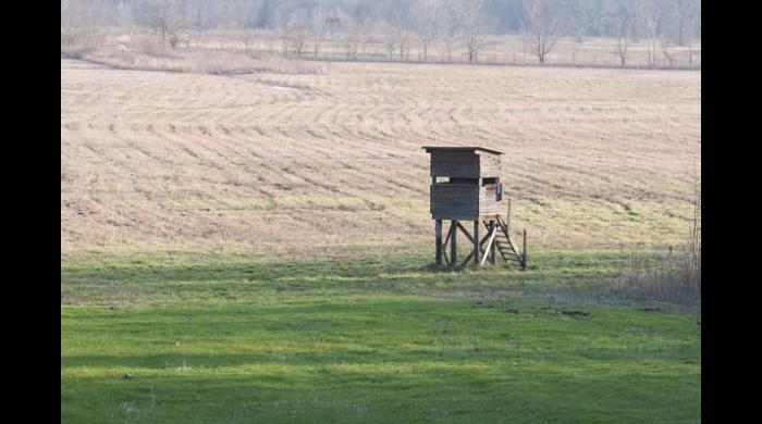 Shooting house next to a green field.